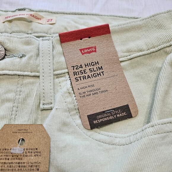 Levi's Women's 724 Corduroy High Rise Slim Straight Light Green Pants Long 4/27 - Picture 3 of 9